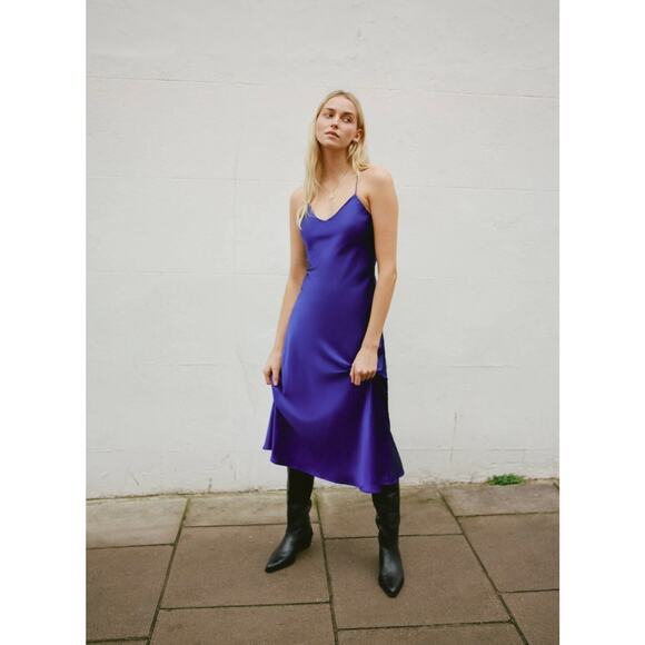 NEW Zara Blue Silk Satin Sleeveless Cami Camisole Maxi Slip Tank Dress Size XS - Picture 1 of 13